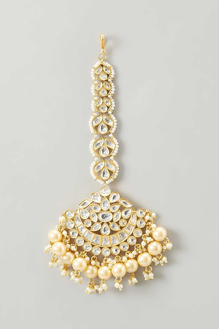 Gold Finish Kundan Polki & Pearl Maangtikka by Zevar by Geeta at Pernia's Pop Up Shop