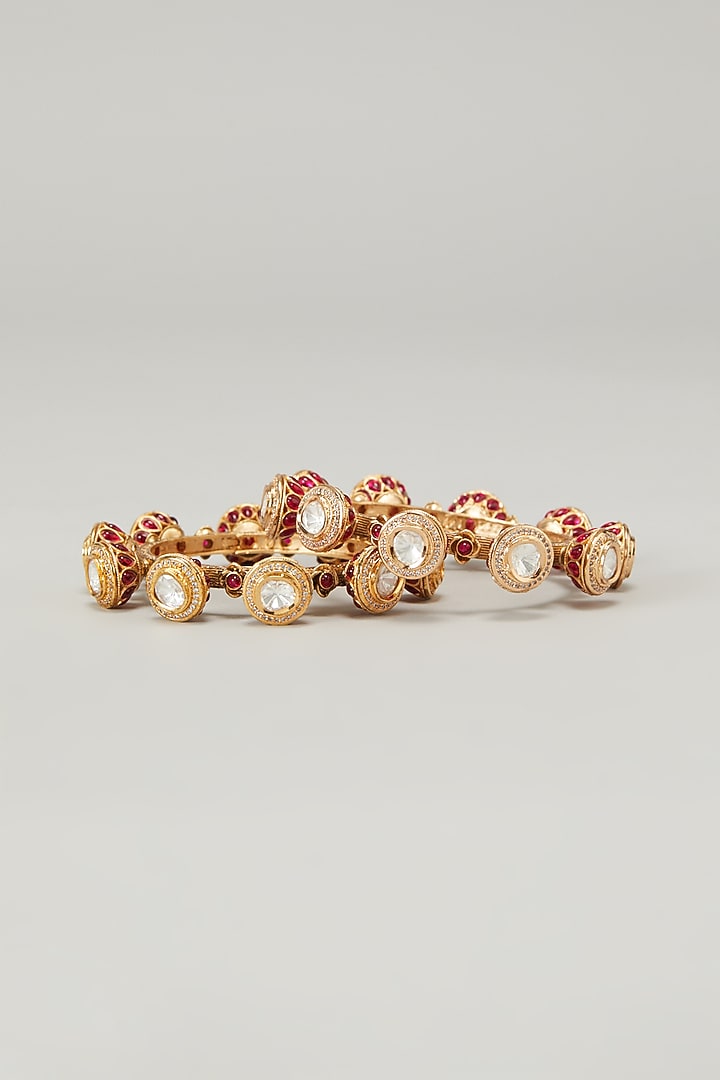 Gold Finish Kundan Polki Bangles (Set of 2) by Zevar by Geeta at Pernia's Pop Up Shop