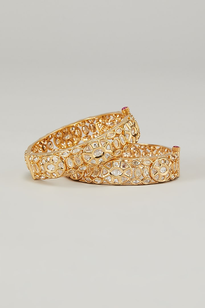 Gold Finish Kundan Polki Bangles (Set of 2) by Zevar by Geeta at Pernia's Pop Up Shop