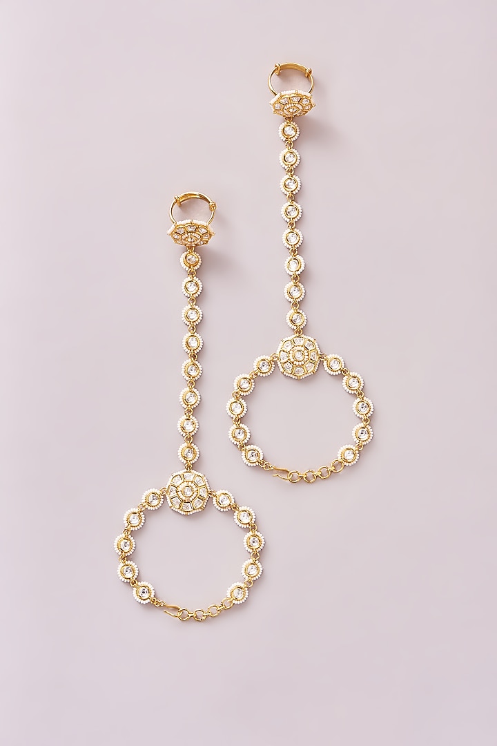 Gold Finish Kundan Polki & Pearl Hathphools (Set of 2) by Zevar By Geeta at Pernia's Pop Up Shop