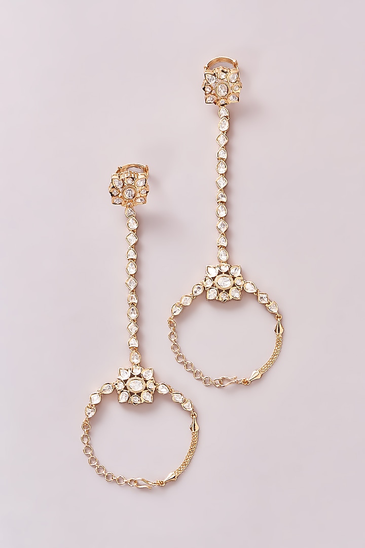 Gold Finish Kundan Polki & Pearl Haath Phool (Set Of 2) by Zevar By Geeta at Pernia's Pop Up Shop