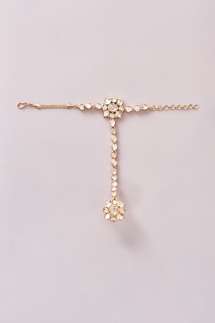 Gold Finish Kundan Polki & Pearl Haath Phool (Set Of 2) by Zevar By Geeta at Pernia's Pop Up Shop