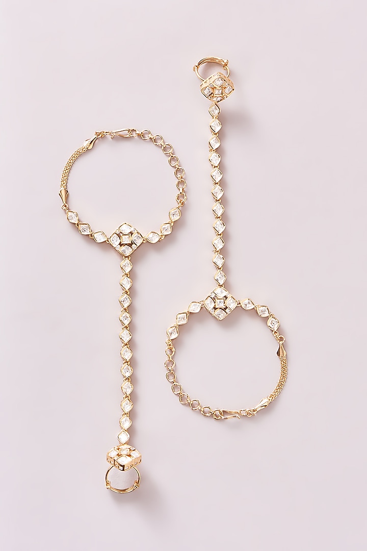 Gold Finish Kundan Polki & Pearl Hathphools (Set Of 2) by Zevar By Geeta at Pernia's Pop Up Shop