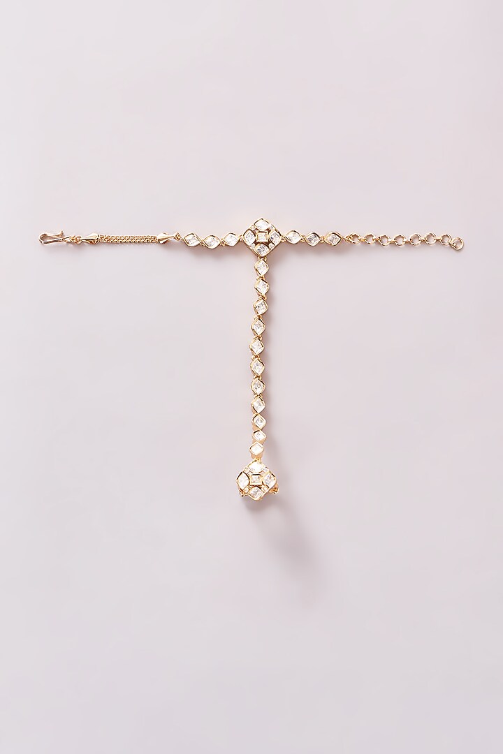 Gold Finish Kundan Polki & Pearl Hathphools (Set Of 2) by Zevar By Geeta at Pernia's Pop Up Shop