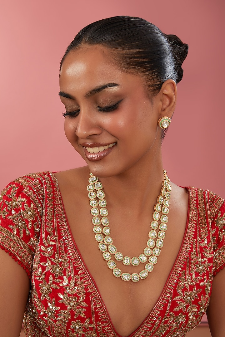 Gold Finish Kundan Polki Layered Meenakari Necklace Set by Zevar By Geeta at Pernia's Pop Up Shop