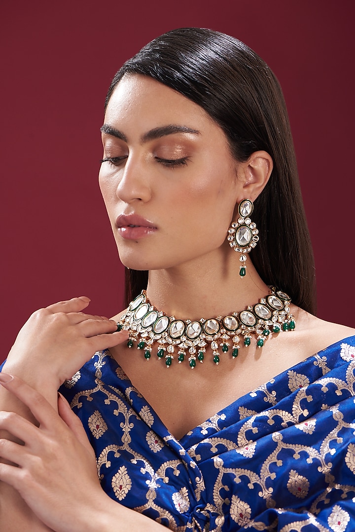 Gold Finish Kundan Polki & Emerald Necklace Set by Zevar by Geeta
