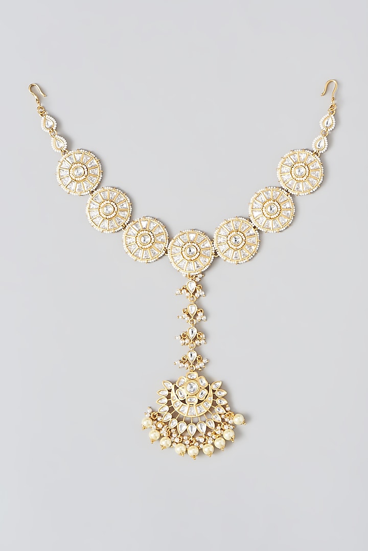Gold Finish Kundan Polki & Pearl Mathapatti by Zevar by Geeta
