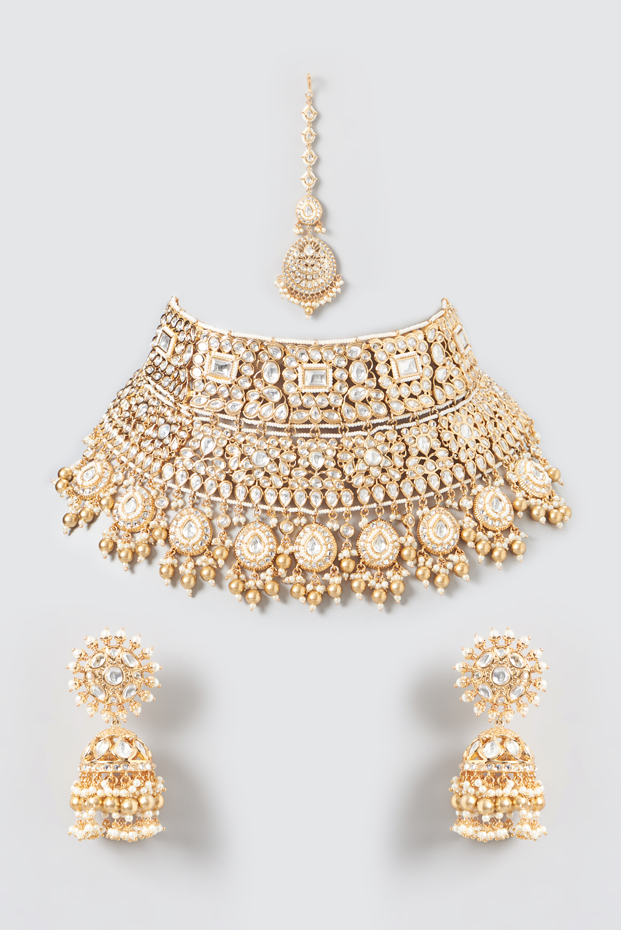 Gold Finish Kundan Polki & Pearl Necklace Set by Zevar by Geeta