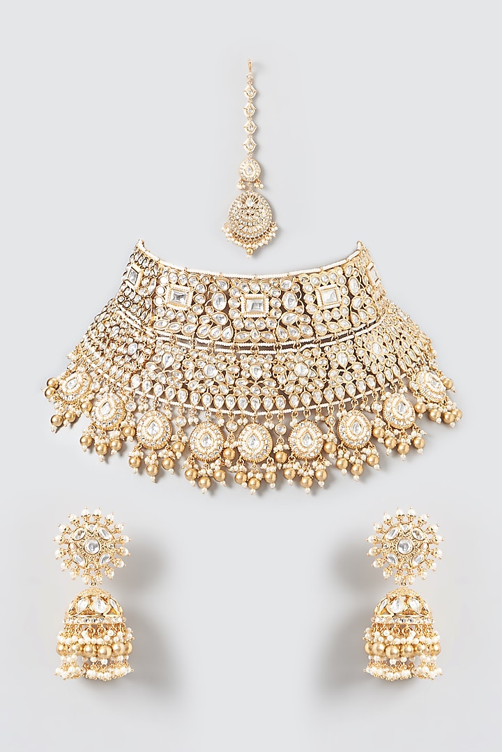 Gold Finish Kundan Polki & Pearl Necklace Set by Zevar by Geeta
