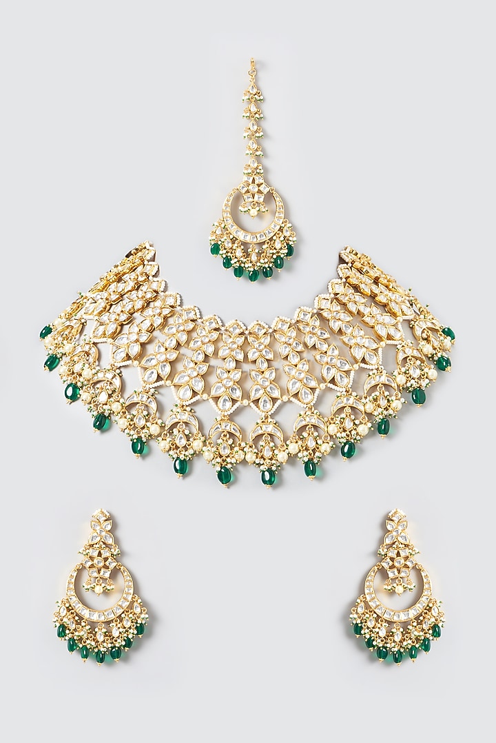 Gold Finish Kundan Polki & Pearl Necklace Set by Zevar by Geeta at Pernia's Pop Up Shop