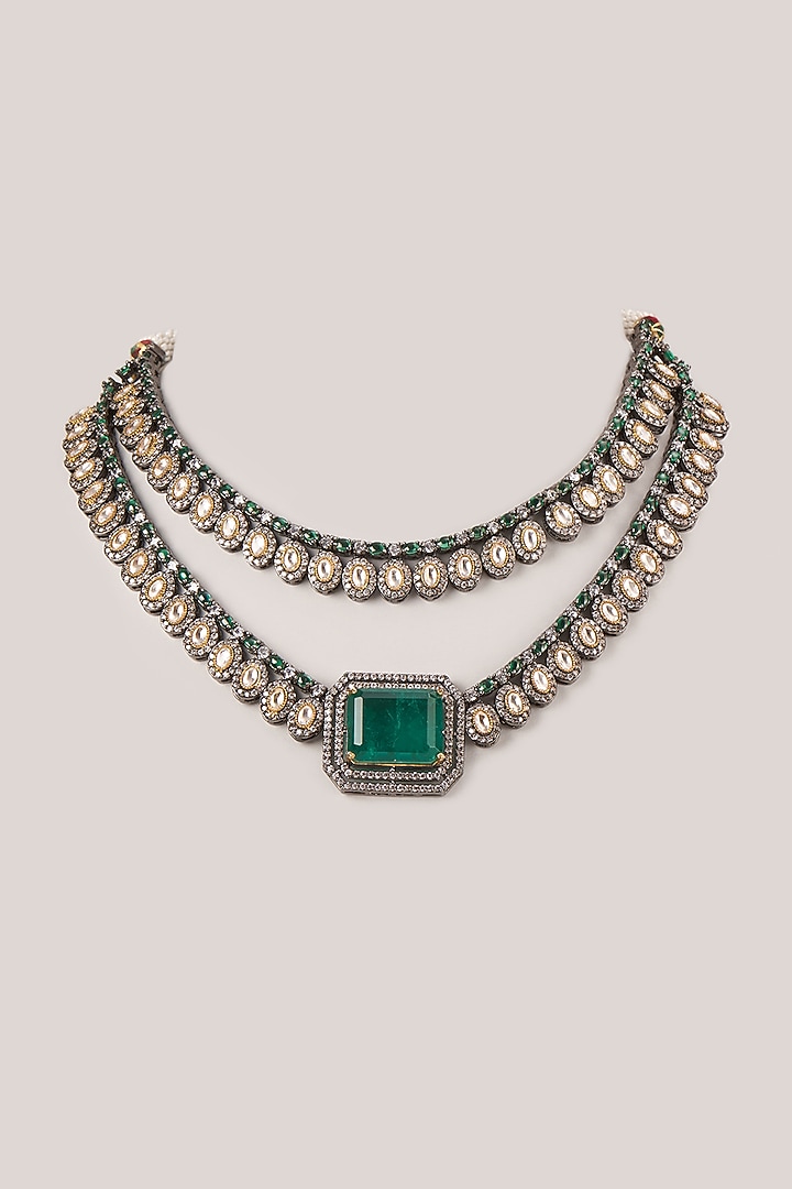 Two Tone Finish Green Stone Necklace by Zevar by Geeta at Pernia's Pop Up Shop