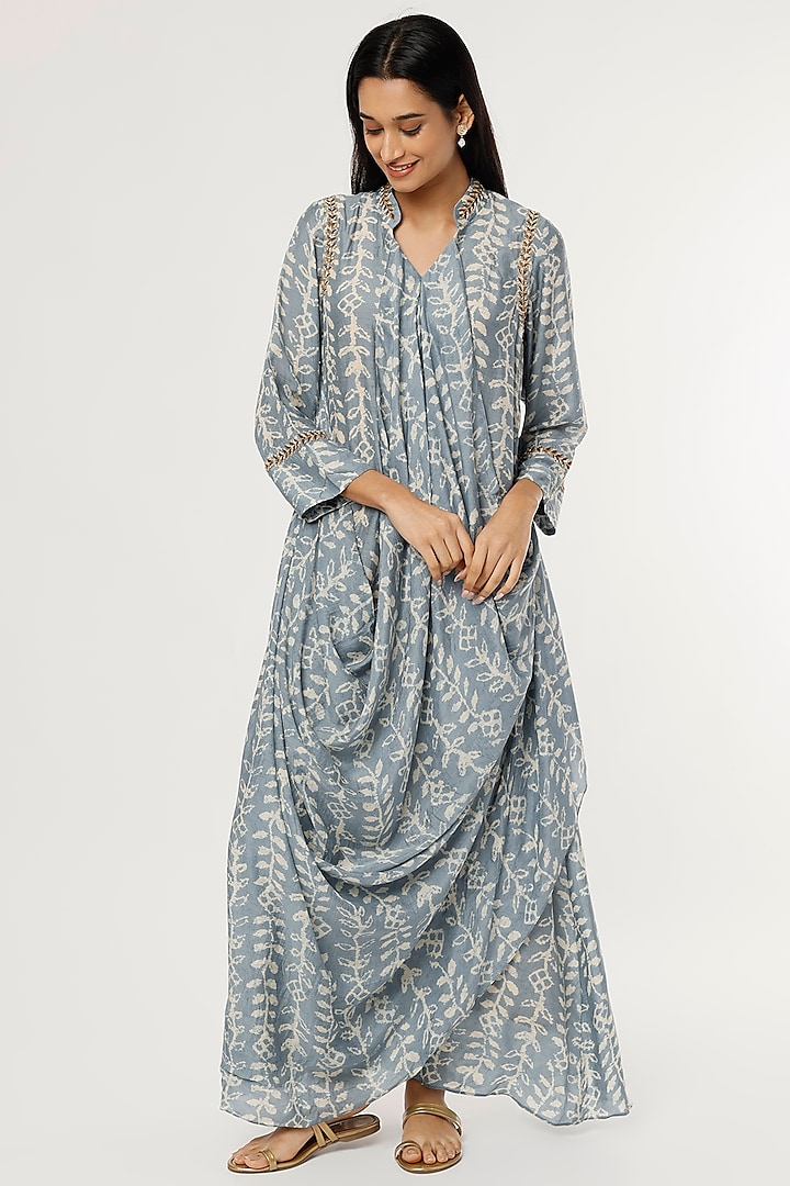 Sky Blue Taffeta Silk Draped Long Dress by zeel doshi thakkar