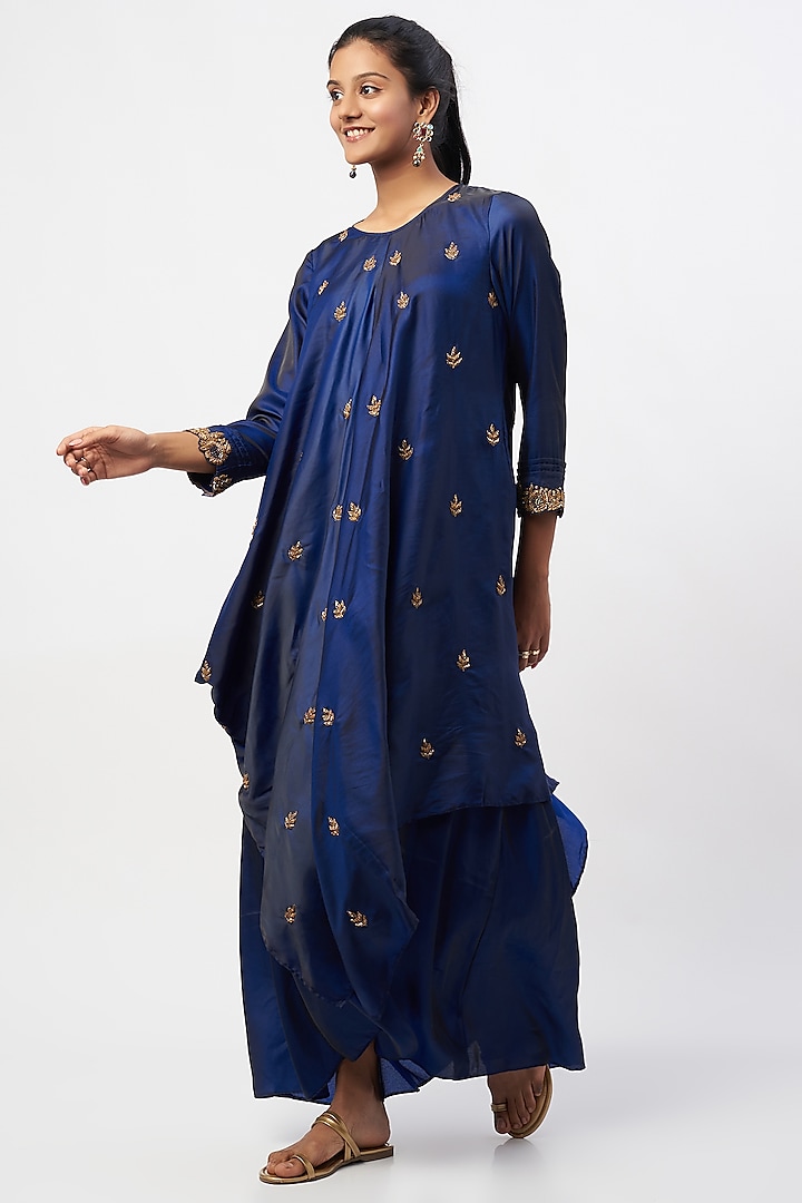 Cobalt Blue Embroidered Draped Dress by zeel doshi thakkar at Pernia's Pop Up Shop