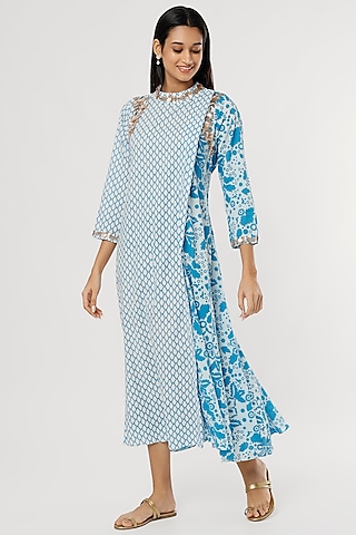 Turquoise Embroidered Half & Half Tunic by zeel doshi thakkar