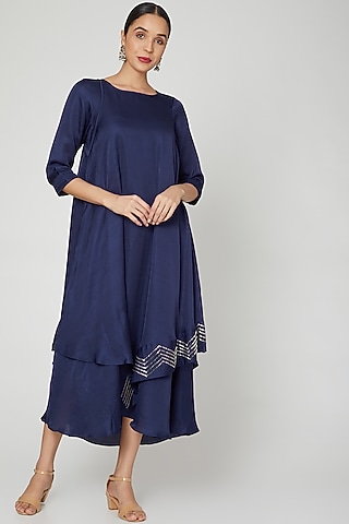 Cobalt Blue Layered Cape Dress by zeel doshi thakkar