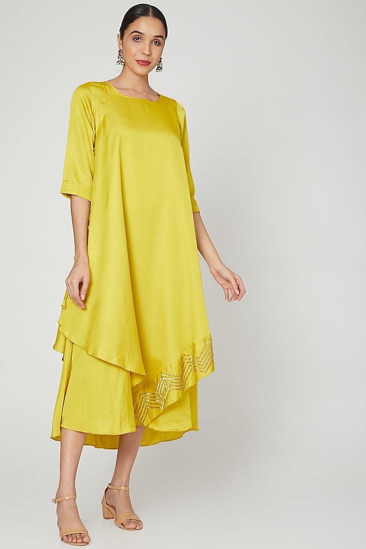 Yellow Layered Tunic Dress With Tie-Up by zeel doshi thakkar