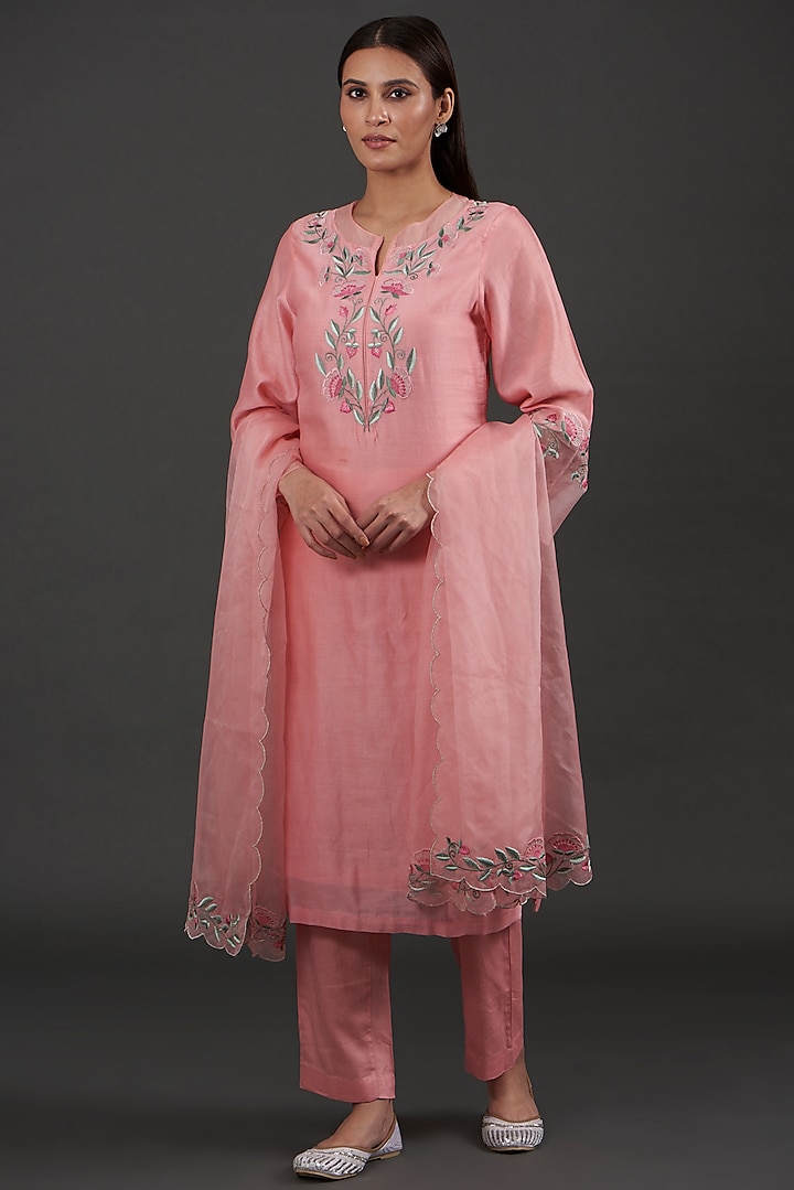 Pink Chanderi Cotton Silk Embroidered Kurta Set by Zeefaa