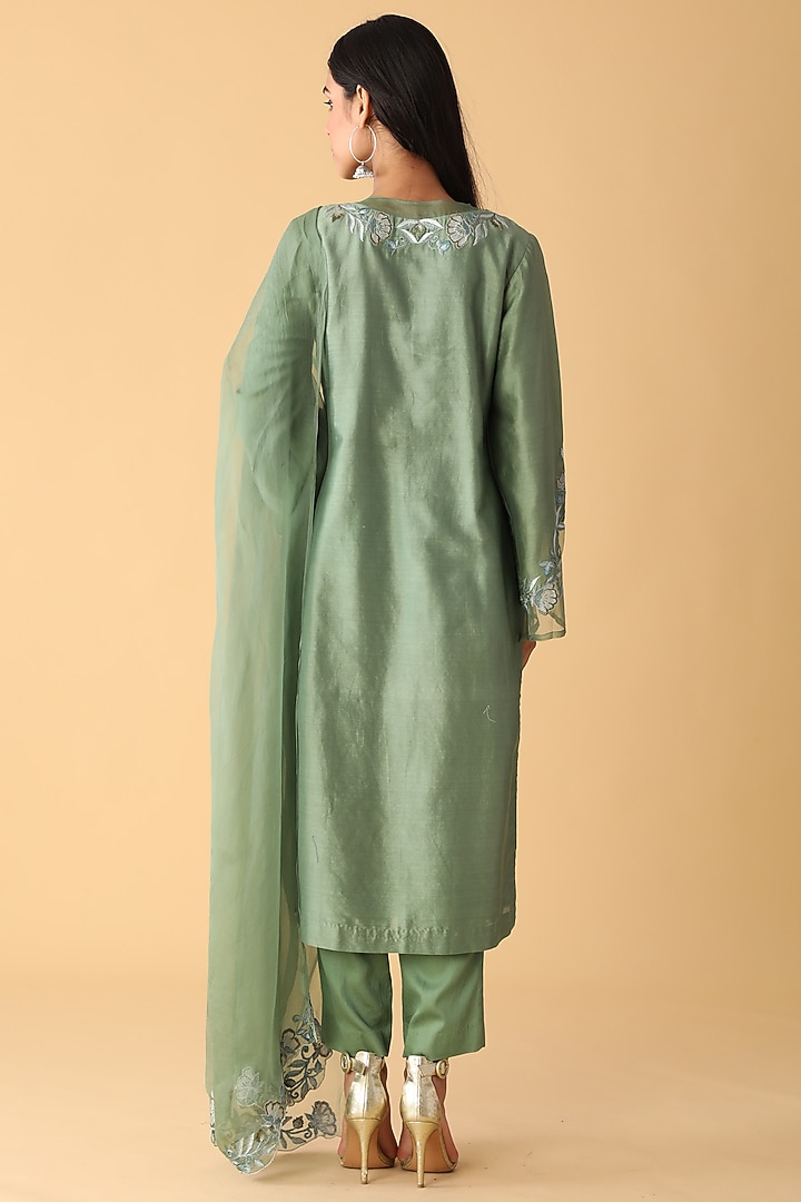 Basil Green Chanderi Embroidered Kurta Set by Zeefaa at Pernia's Pop Up Shop