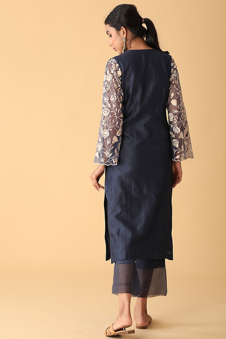 Oxford Blue Embroidered Kurta Set by Zeefaa at Pernia's Pop Up Shop