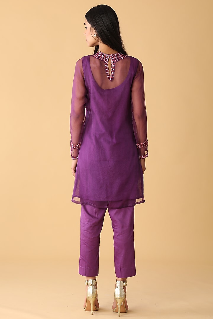 Purple Chanderi Embroidered Kurta Set by Zeefaa at Pernia's Pop Up Shop