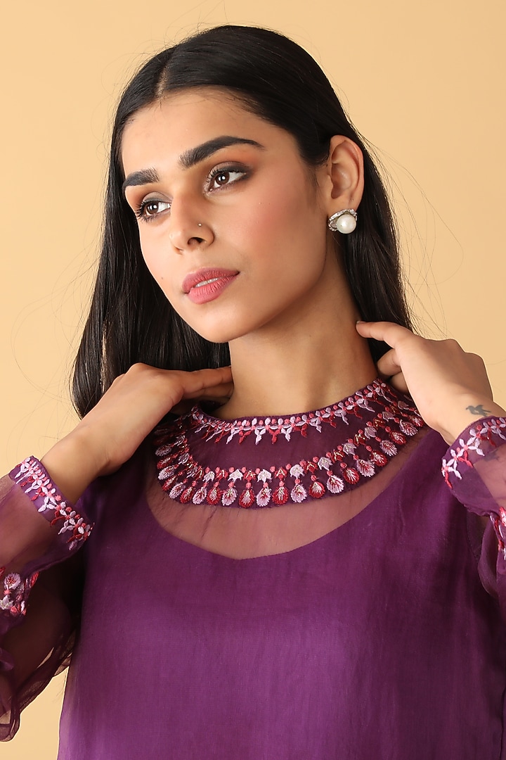 Purple Chanderi Embroidered Kurta Set by Zeefaa at Pernia's Pop Up Shop