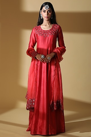 Red Chanderi Embroidered Anarkali Set by Zeefaa