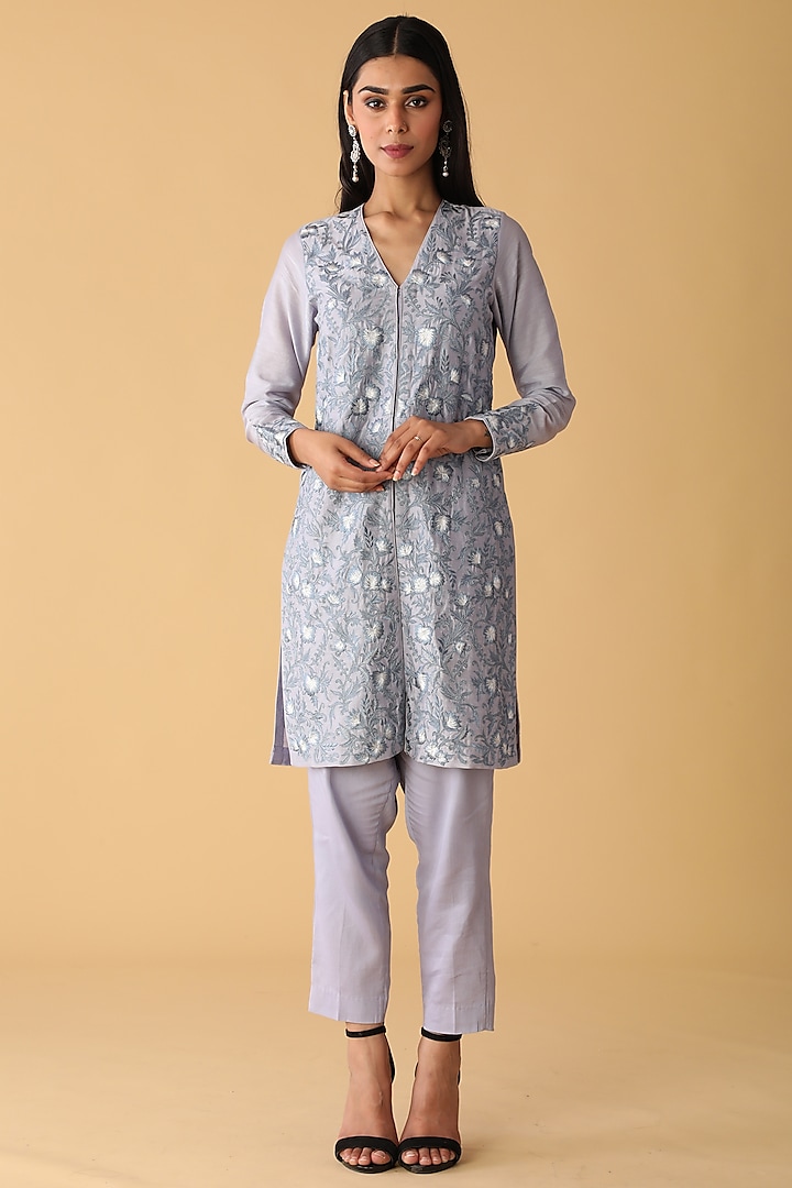 Periwinkle Purple Chanderi Embroidered Jacket Set by Zeefaa at Pernia's Pop Up Shop