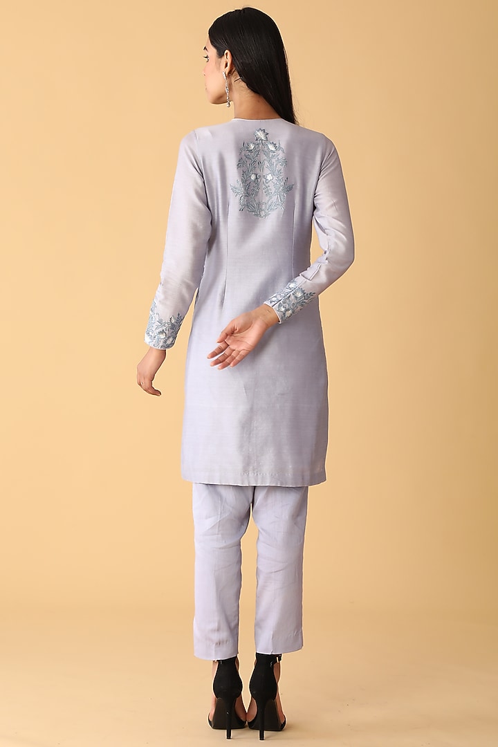 Periwinkle Purple Chanderi Embroidered Jacket Set by Zeefaa at Pernia's Pop Up Shop