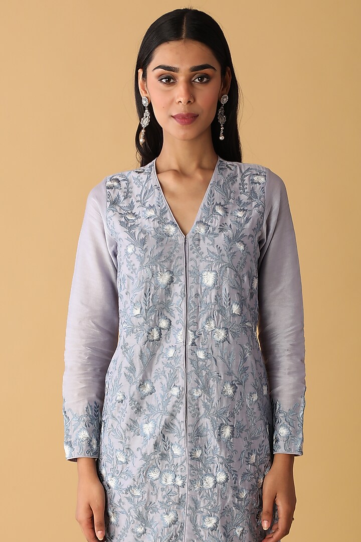 Periwinkle Purple Chanderi Embroidered Jacket Set by Zeefaa at Pernia's Pop Up Shop