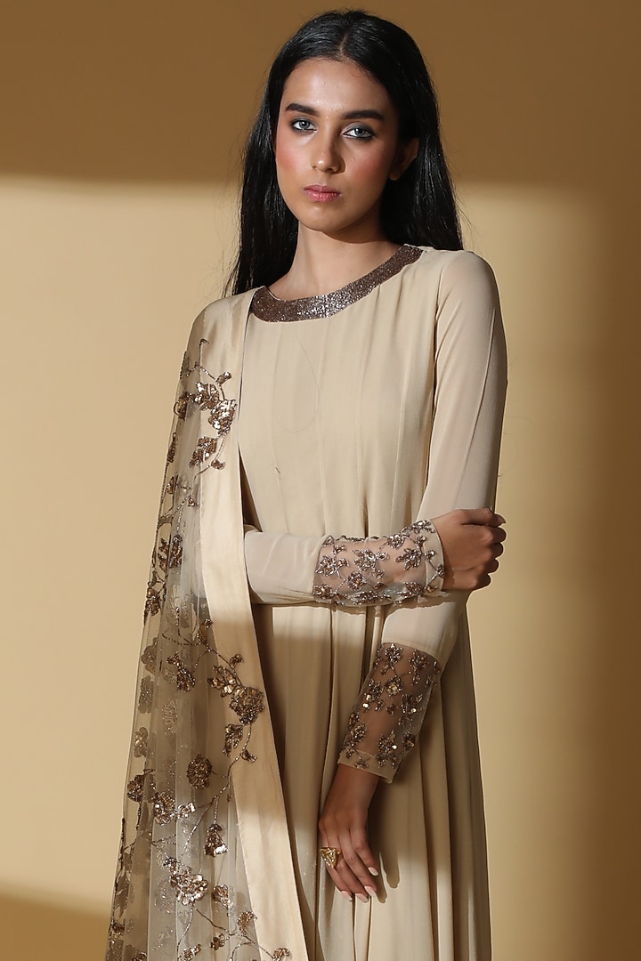 Gold Georgette Embroidered Wedding Anarkali Set by Zeefaa at Pernia's Pop Up Shop
