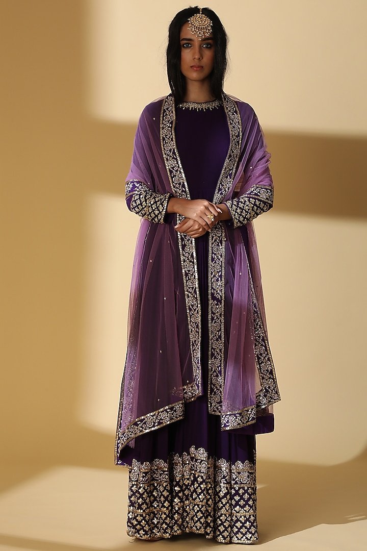 Purple Georgette Embroidered Anarkali Set by Zeefaa