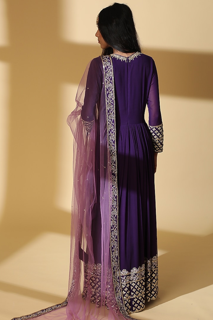 Purple Georgette Embroidered Wedding Anarkali Set by Zeefaa at Pernia's Pop Up Shop
