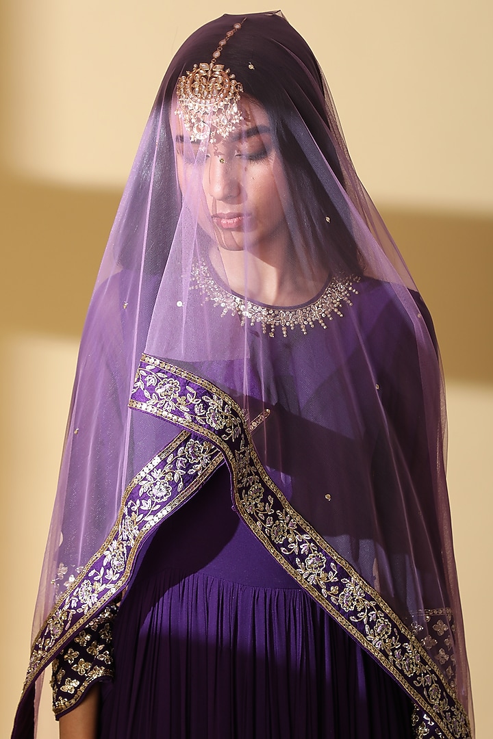 Purple Georgette Embroidered Wedding Anarkali Set by Zeefaa at Pernia's Pop Up Shop