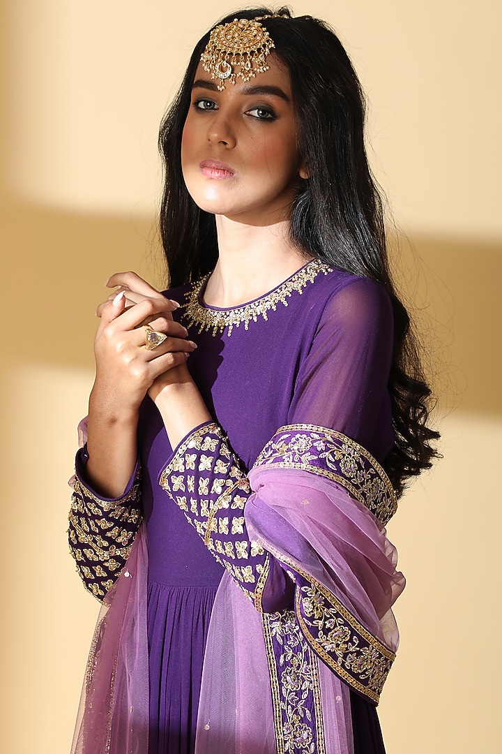 Purple Georgette Embroidered Wedding Anarkali Set by Zeefaa at Pernia's Pop Up Shop