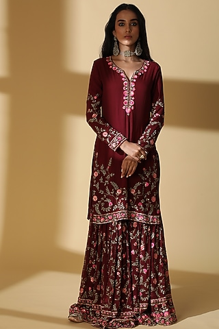 Wine Georgette Embroidered Gharara Set by Zeefaa