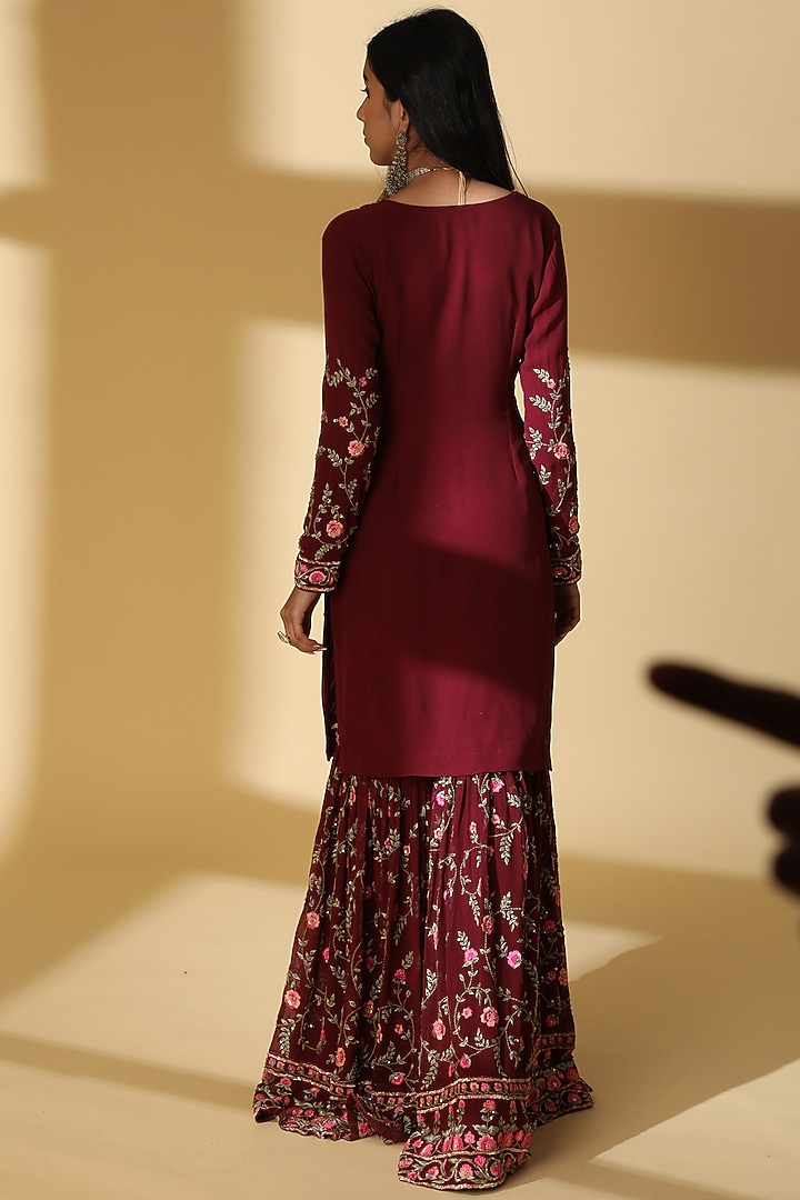 Wine Georgette Embroidered Gharara Set by Zeefaa at Pernia's Pop Up Shop