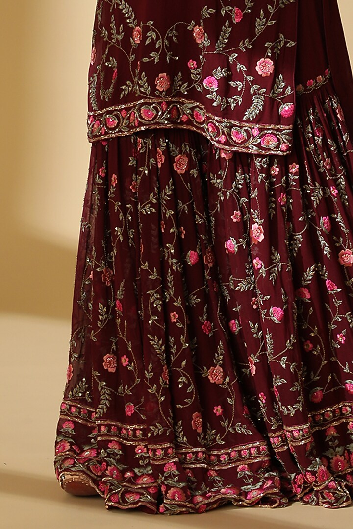 Wine Georgette Embroidered Gharara Set by Zeefaa at Pernia's Pop Up Shop