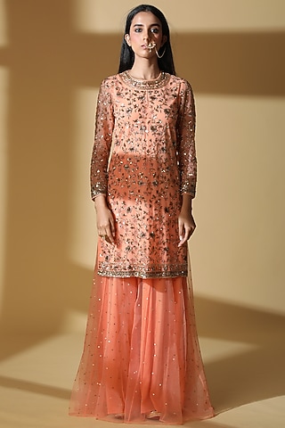 Peach Tulle Embroidered Sharara Set by Zeefaa