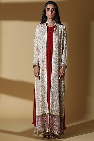Wine Anarkali Set With Jacket by Zeefaa
