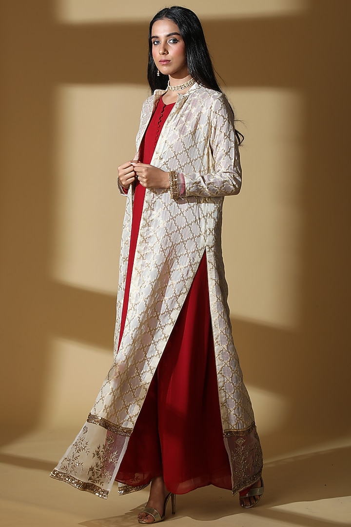 Wine Anarkali Set With Jacket by Zeefaa at Pernia's Pop Up Shop