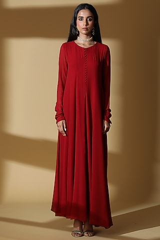 Red Pure Georgette Gown With Pants by Zeefaa