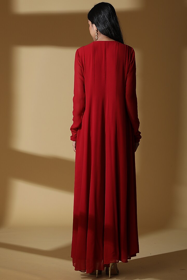 Red Pure Georgette Engagement Gown With Pants by Zeefaa at Pernia's Pop Up Shop