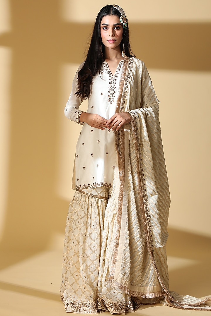 White Cotton Embroidered Gharara Set by Zeefaa
