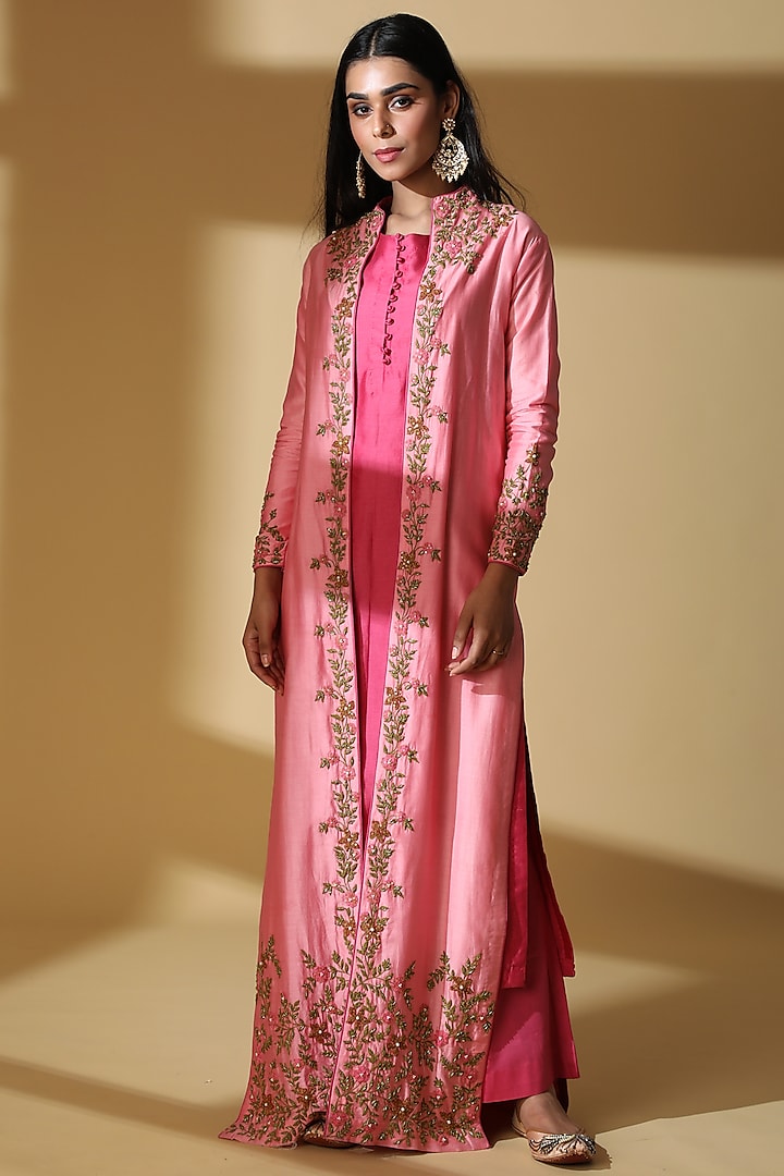 Pink Raw Silk Embroidered Jacket Set by Zeefaa