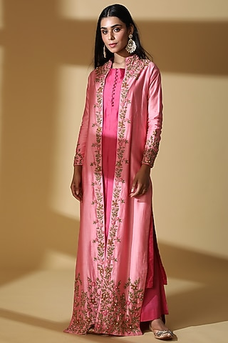Pink Raw Silk Embroidered Jacket Set by Zeefaa