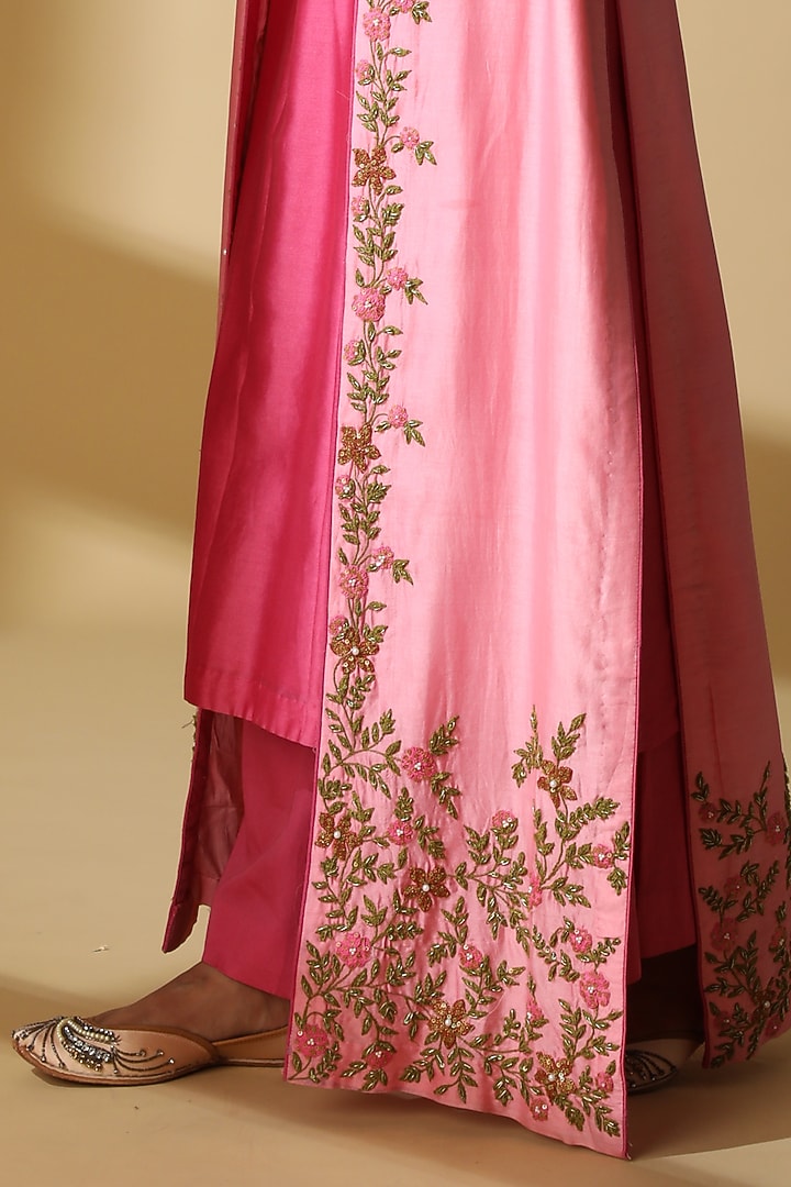 Pink Raw Silk Embroidered Jacket Set by Zeefaa at Pernia's Pop Up Shop