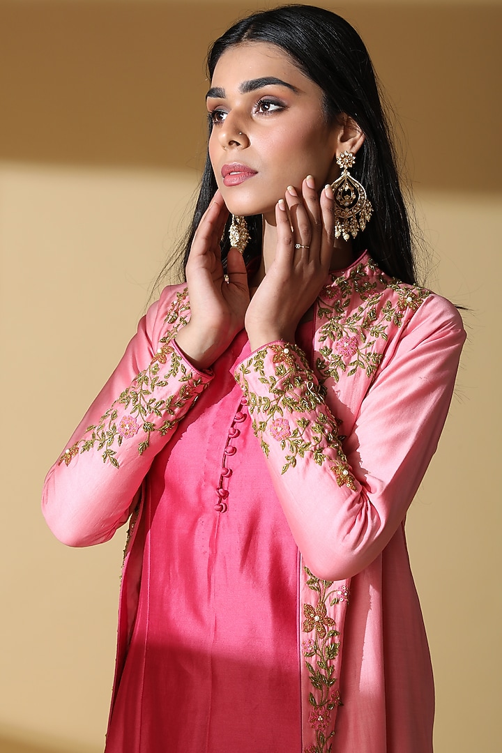 Pink Raw Silk Embroidered Jacket Set by Zeefaa at Pernia's Pop Up Shop