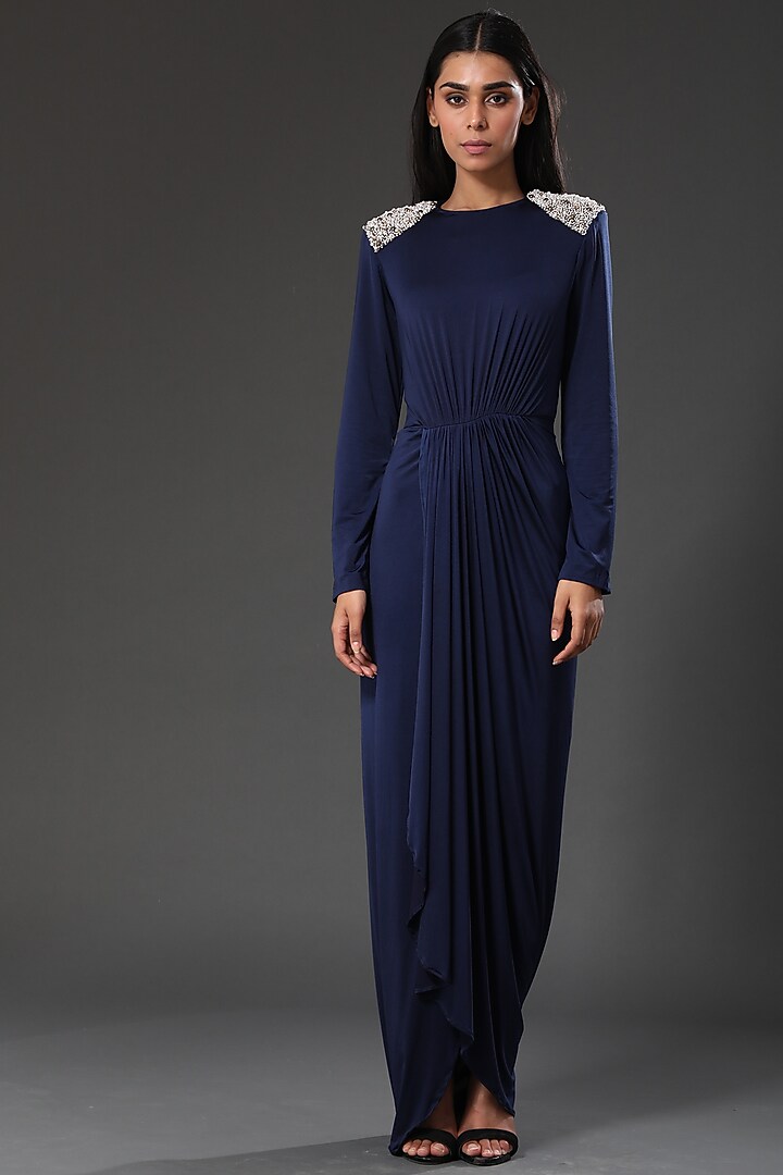 Electric Blue Hand Embroidered Draped Summer Dress by Zeefaa at Pernia's Pop Up Shop
