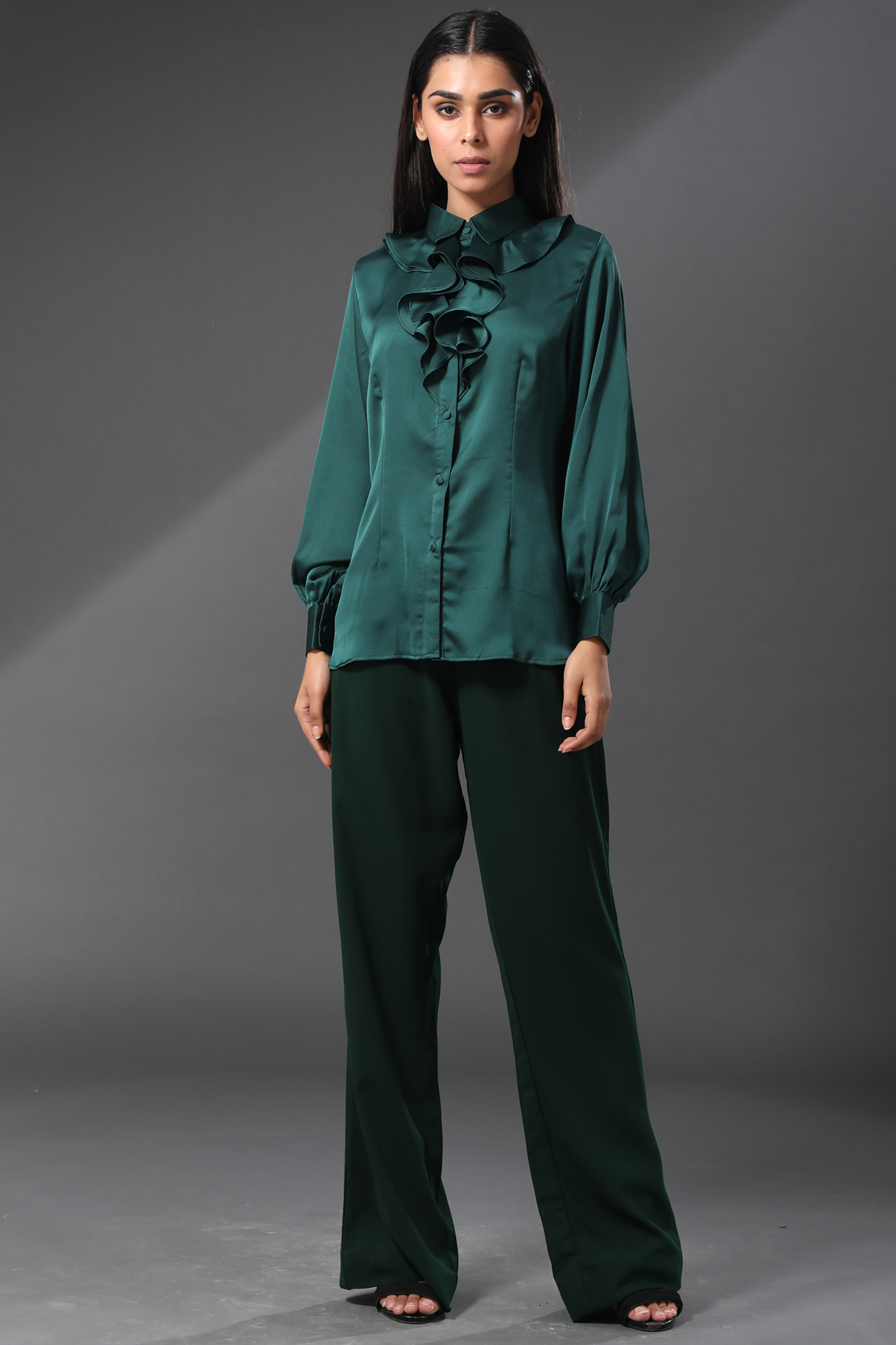 Dark Green Silk Flowy Pant Set by Zeefaa at Pernia's Pop Up Shop