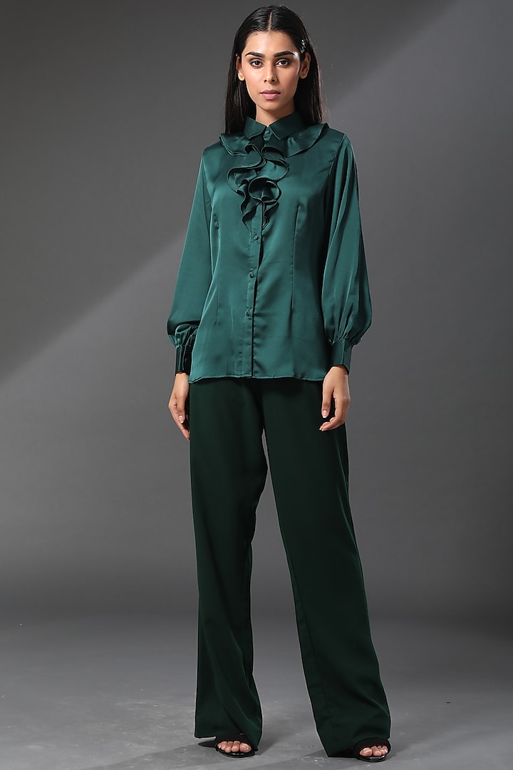 Dark Green Silk Flowy Pant Set by Zeefaa at Pernia's Pop Up Shop